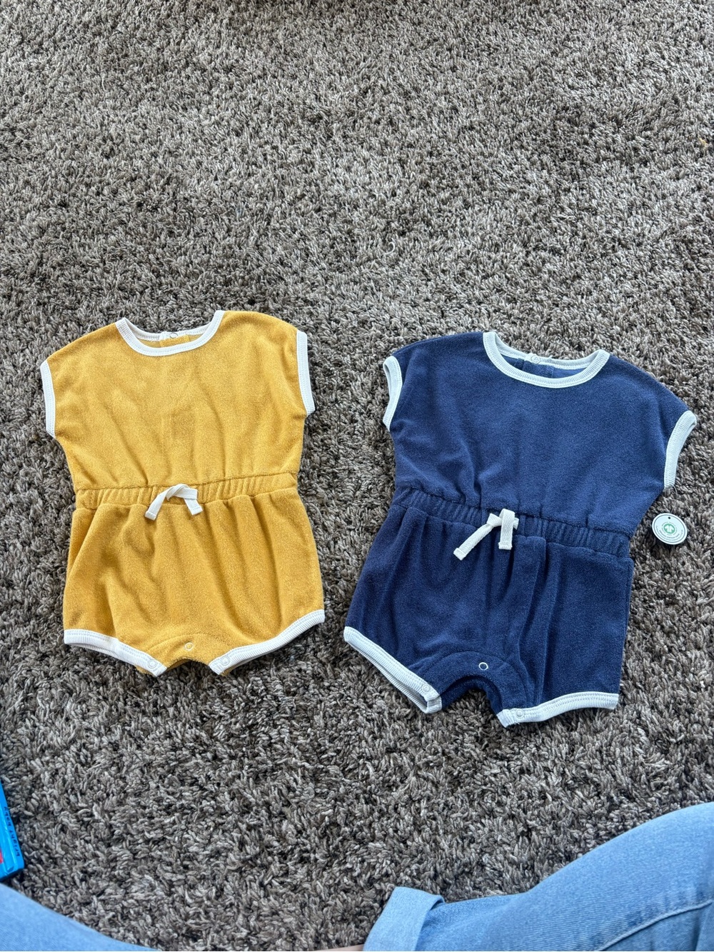 Set of 2 Terry Cloth Baby Rompers - Mustard & Navy 3 months